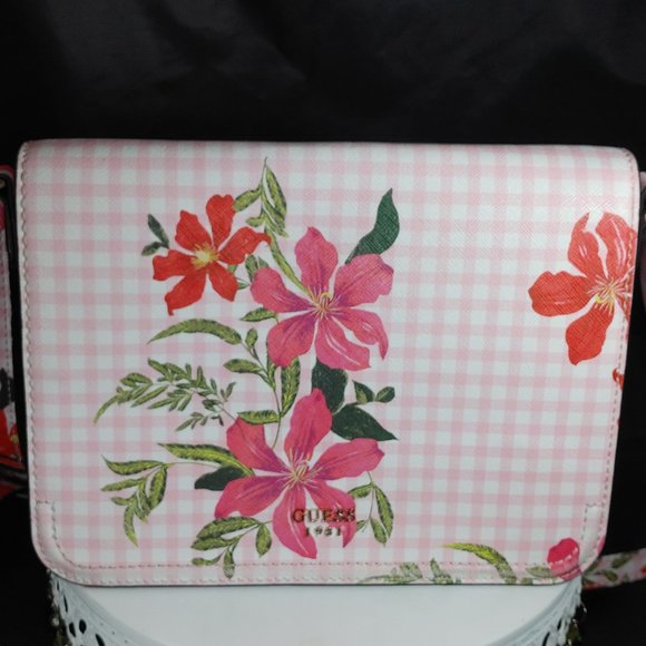 GUESS Crossbody Purse Pink Gingham Pattern Floral 1981 Handbag - Picture 6 of 12